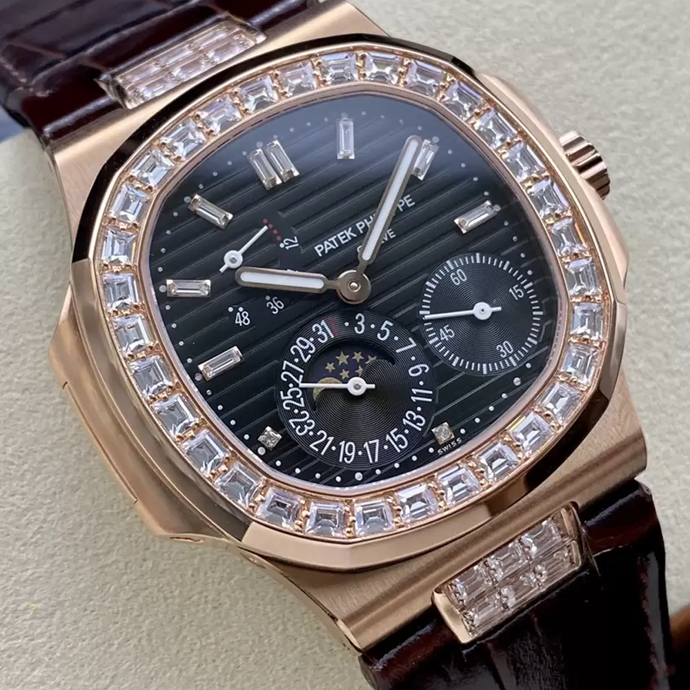 파텍필립 노틸러스 블랙 다이얼 다이아 베젤 악어가죽 스트랩  41mm 5724