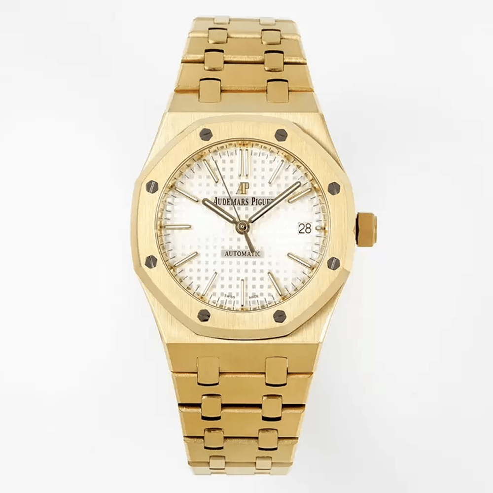 오데마피게 로얄오크 화이트 텍스처 다이얼 옐로우 골드 금통 37mm 15450