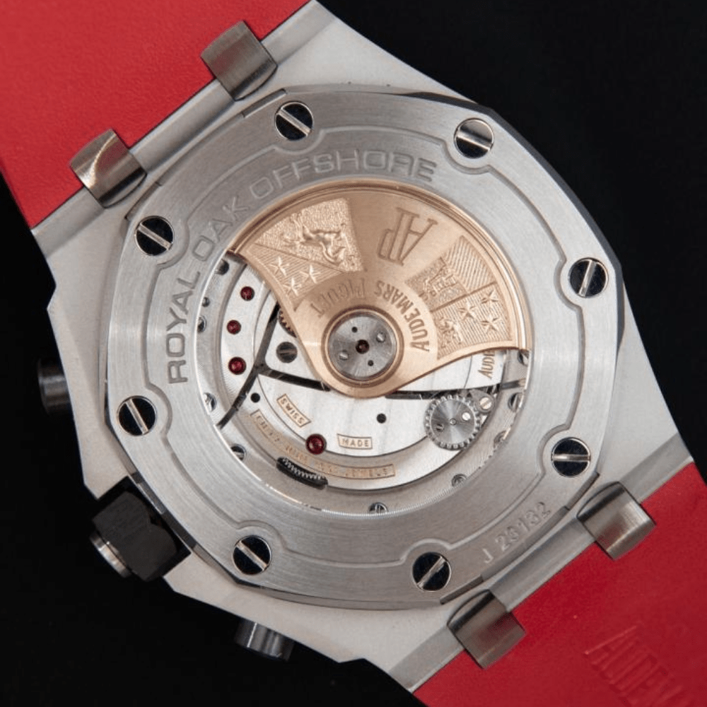 오데마피게 로얄오크 오프쇼어 크로노그래프 블랙 다이얼 스틸 블랙/레드 러버스트랩 44mm 26470SO