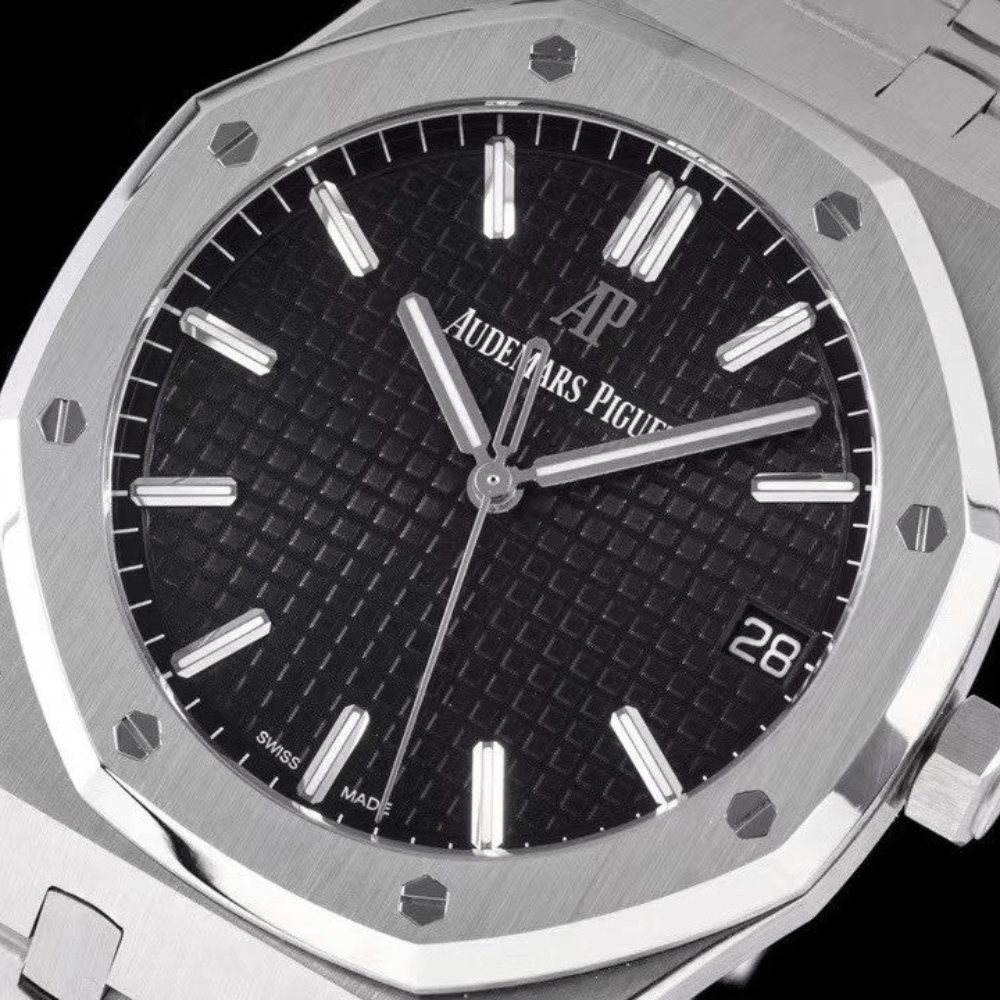 오데마피게 로얄오크 블랙 텍스처 다이얼 스틸 SS 브레이슬릿 V2 41mm 15500ST