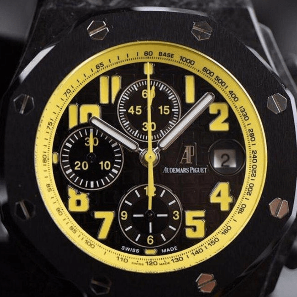 오데마피게 로얄오크 오프쇼어 범블비 에디션 블랙 다이얼 카본 블랙 가죽 스트랩 42mm 26176FO