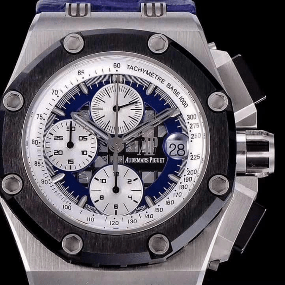 오데마피게 로얄오크 오프쇼어 블루/화이트 다이얼 스틸 블루 가죽스트랩 42mm 26078PO