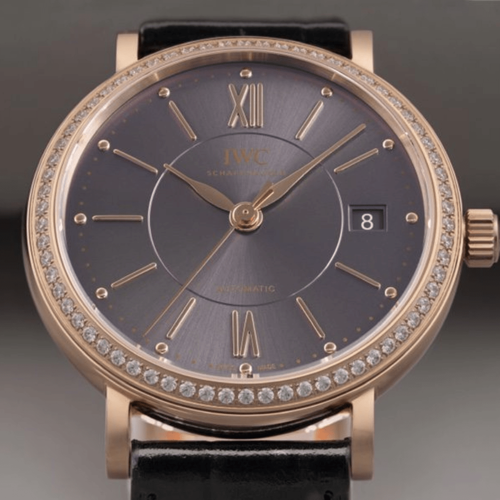 IWC 포르토피노 레이디 다이아베젤 로즈골드 브라운 다이얼 레더 스트랩 37mm IW458108