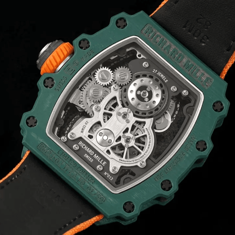 리차드밀 블랙 카본 스켈레톤 투르비옹 다이얼 오렌지 우븐 스트랩 RM21-02