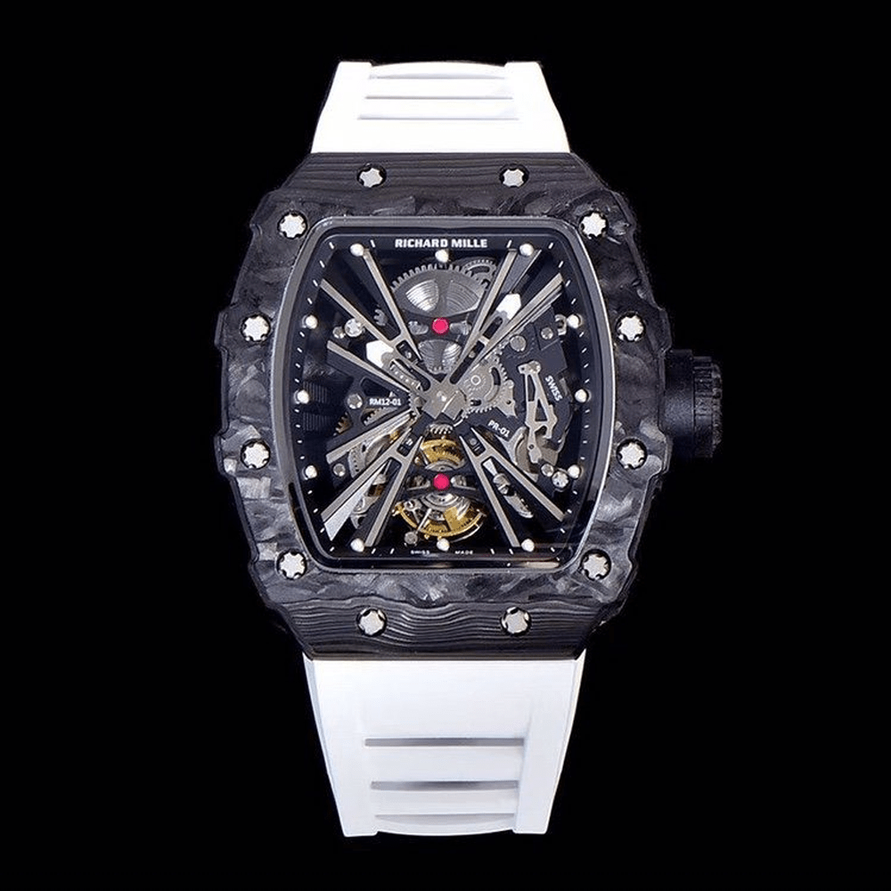 리차드밀 블랙 NTPT 카본 투르비옹 화이트 러버 스트랩 한정판 RM12-01