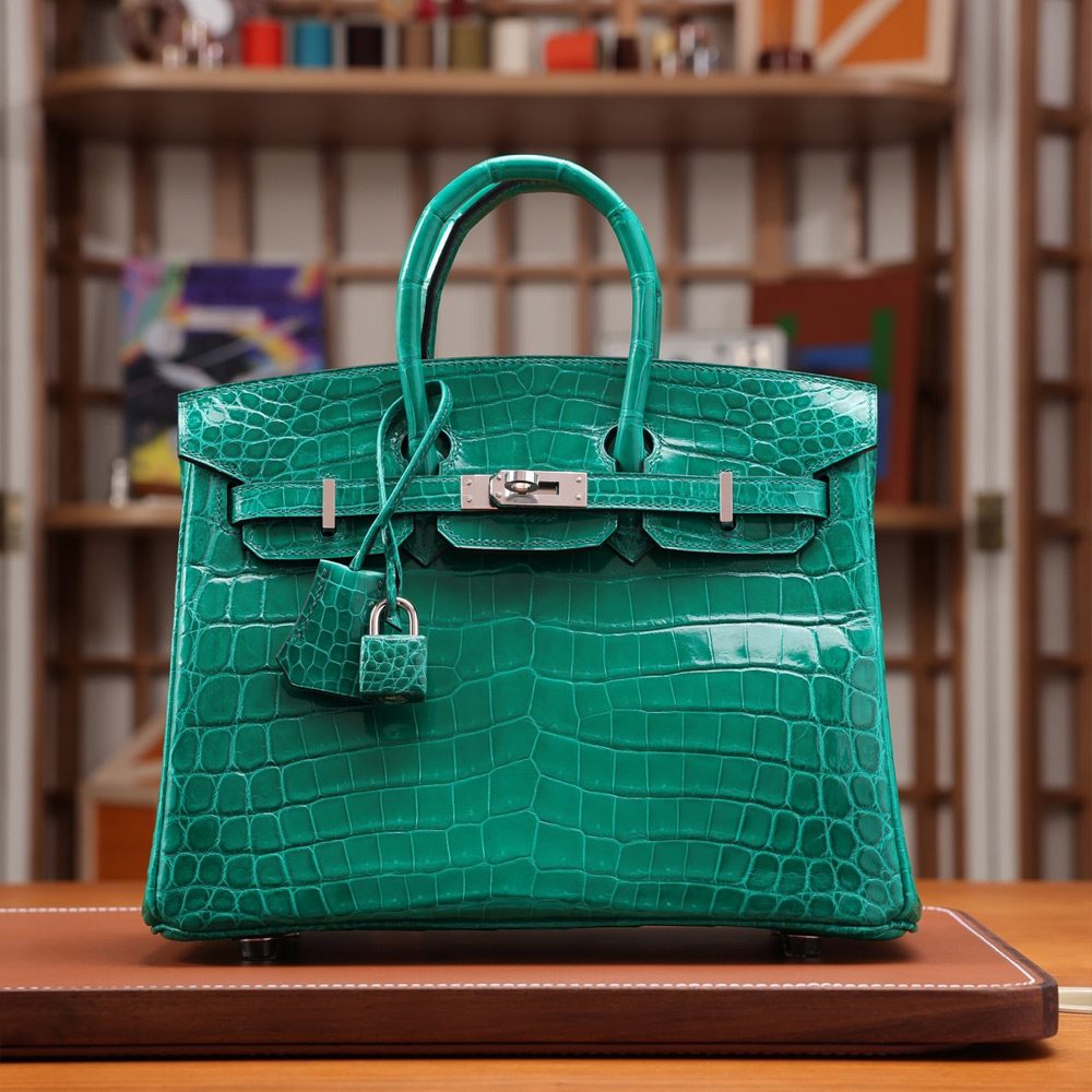에르메스 올수공 크로커다일 버킨 25 그린 실버 하드웨어