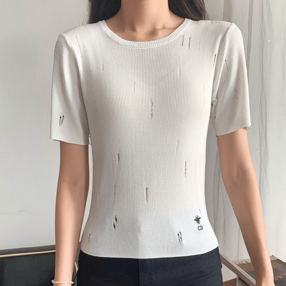 디올 24SS 꿀벌 자수 로고 데미지 니트 반팔