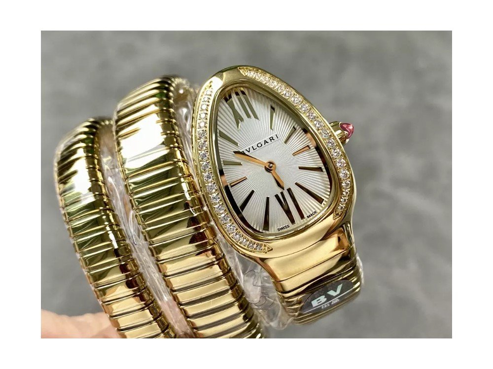 불가리 세르펜티 투보가스 골드 다이아 베젤 화이트 다이얼 금통 35mm 101923