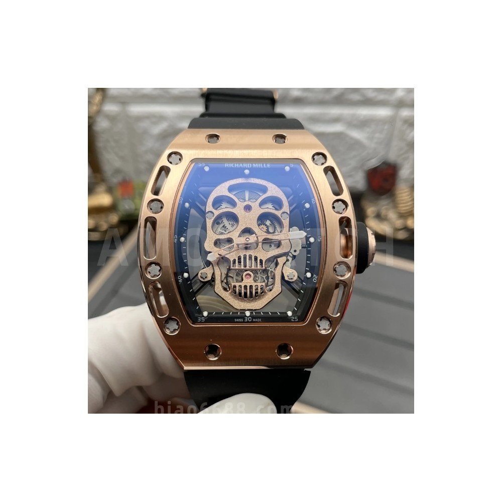 리차드밀 투르비옹 스컬 로즈골드 스켈레톤 다이얼 블랙 러버 스트랩 RM052