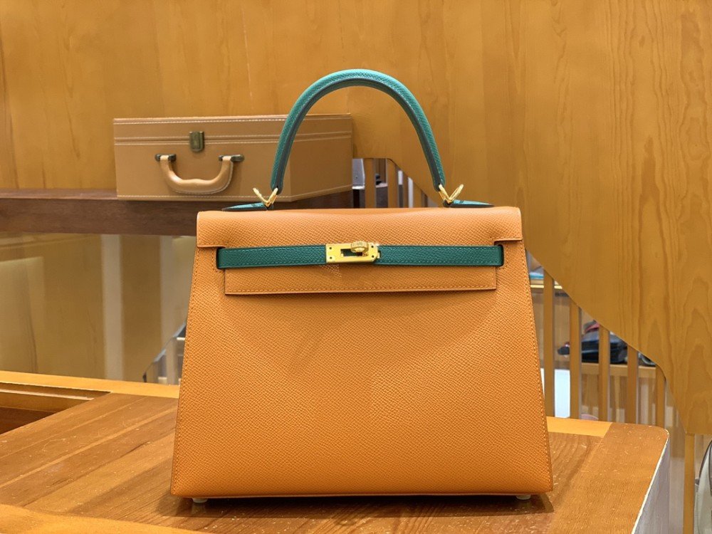 올수공 에르메스 켈리 25 클래식 오렌지 & 말라 카이트 그린 골드 버클
