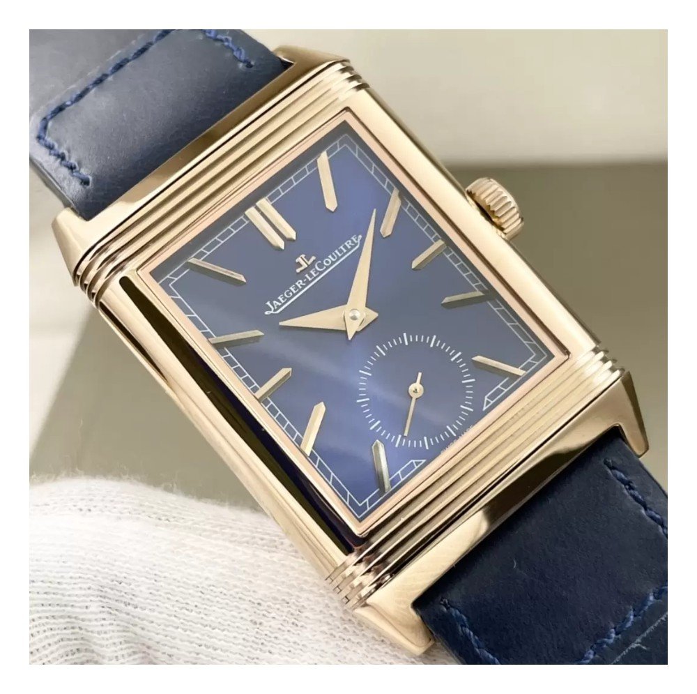 예거 르쿨트르 리베르소 클래식 라지 듀오페이스 스몰 세컨드 블루 다이얼 레더 스트랩 Q398258J