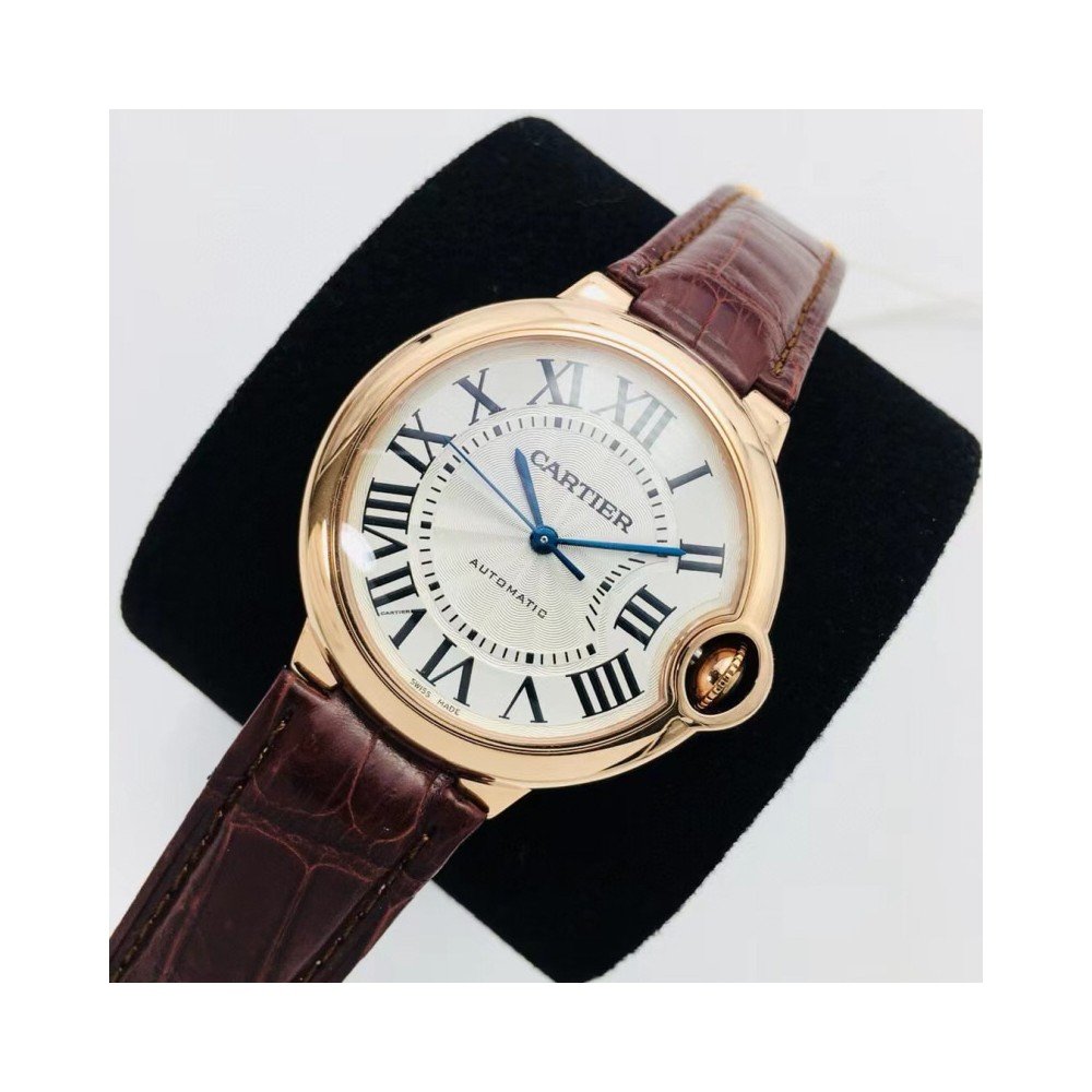 까르띠에 블루 벌룬 화이트 다이얼 로즈골드 브라운 레더 스트랩 33mm