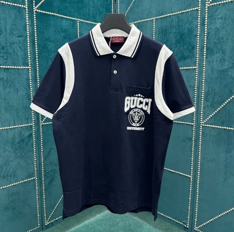 구찌 로고 코튼 피케 폴로 셔츠 네이비