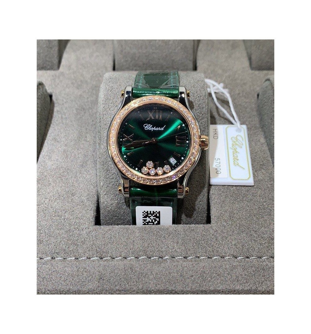 쇼파드 해피 스포트 그린 다이얼 다이아베젤 레더 스트랩 36mm 278582-6007