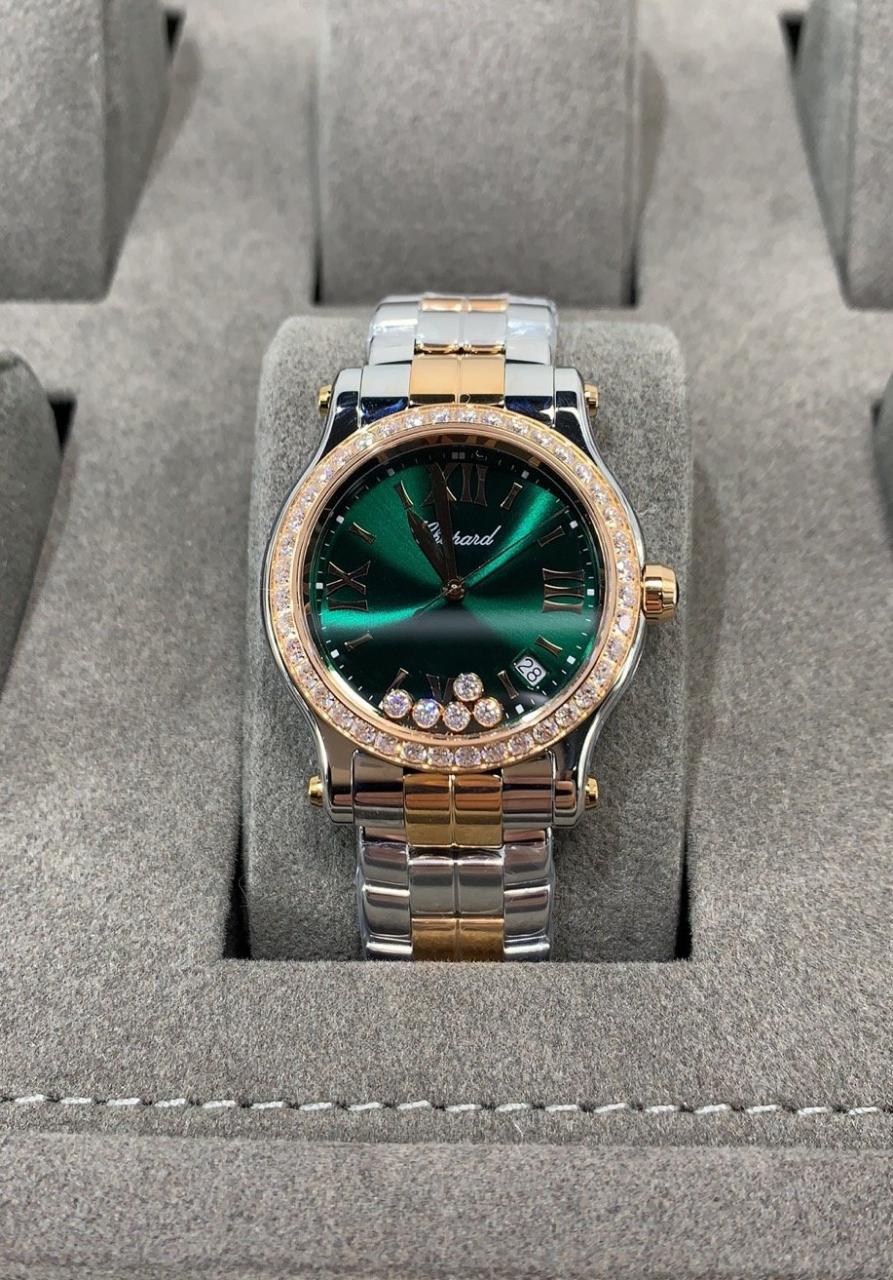 쇼파드 해피 스포트 그린 다이얼 다이아베젤 RG 콤비 36mm 278582-6006