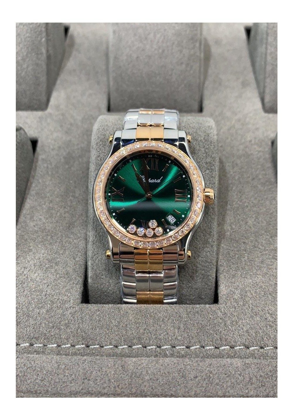 쇼파드 해피 스포트 그린 다이얼 다이아베젤 RG 콤비 36mm 278582-6006